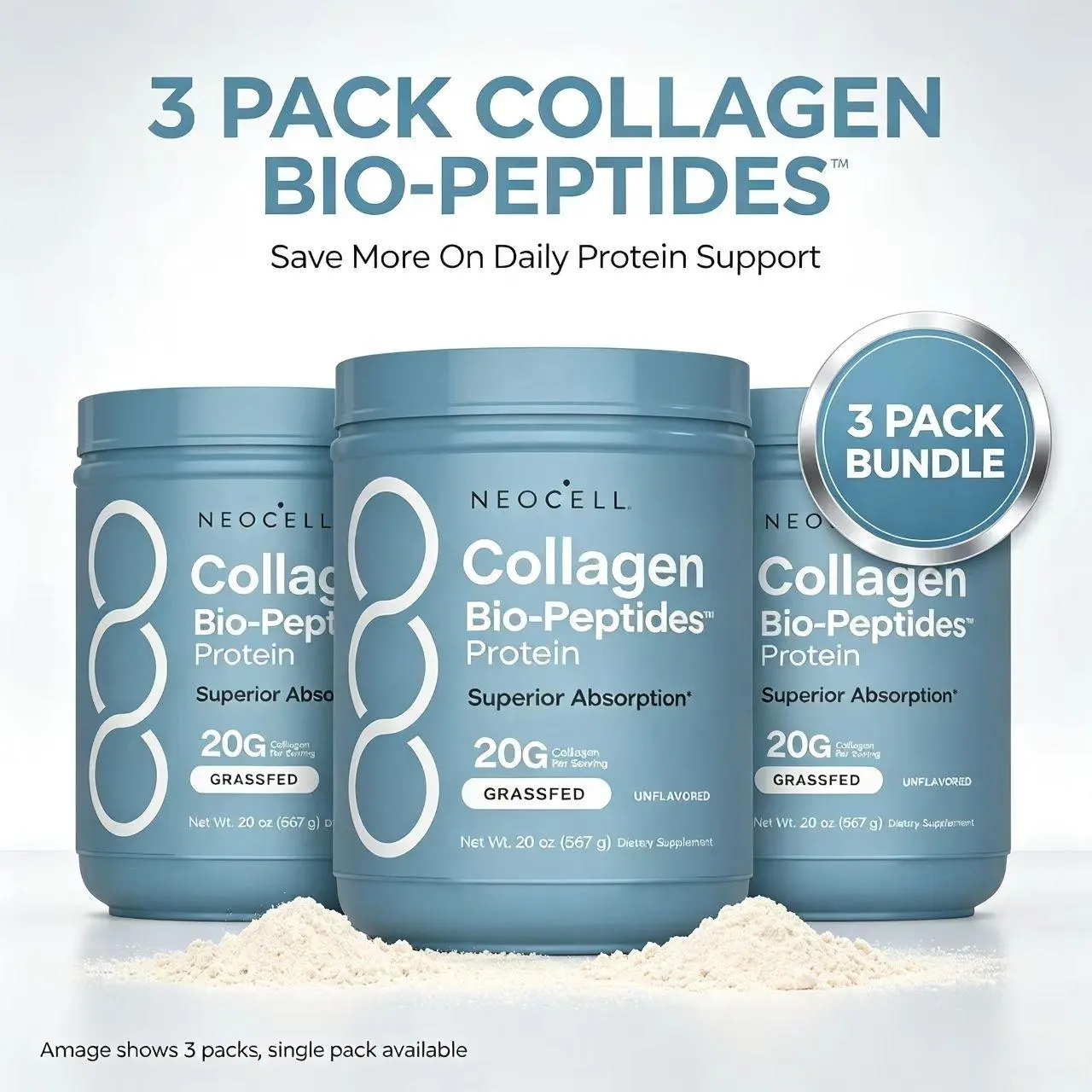 3x NeoCell Collagen Bio-Peptides Powder 20oz - Grassfed Protein Supplement - Advanced with 18 Essential Amino Acids