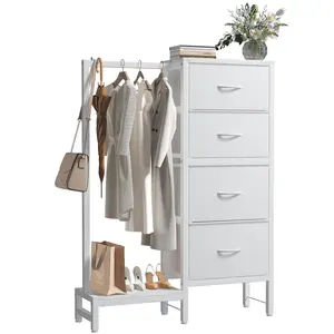 4 in 1 Clothes Storage Organizer with Hanging Rack, Tall Bedroom Storage Tower with Drawers, Shoe Rack & Bag Hooks, Freestanding Closet Cabinet for Bedroom, Black / White / Rust Brown