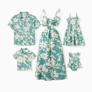 PatPat Family Matching Leaf Print Green Short-sleeve Shirt or Sling Shirred Dress Set