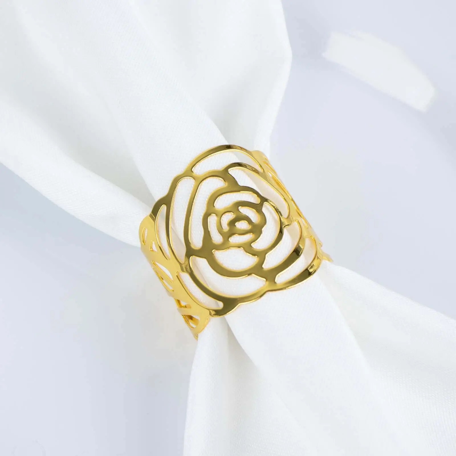 4 Pack Shiny Gold Laser-Cut Rose Metal Cuff Napkin Rings, Decorative Flower Napkin Holders for Dinner Tables