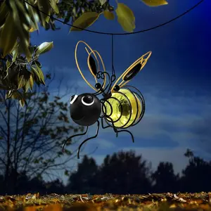 Outdoor Hanging Bee Solar Light Decor, Glowing Metal Bee with Spring Figurine Lights, Yard Garden Decor for Front Porch Backyard