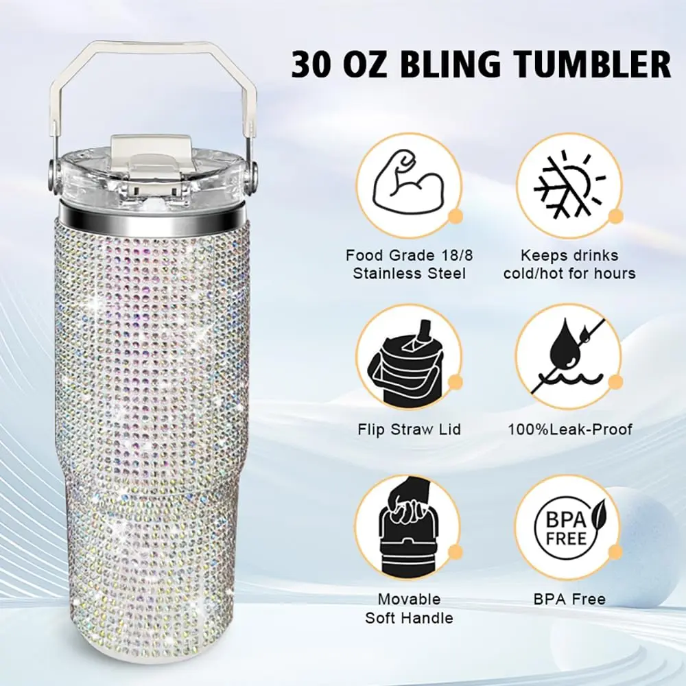 30oz Bling Rhinestone Tumbler with Top Handle and Lid, Glitter Water Bottle | Insulated Leakproof Stainless Steel Water Bottle Diamond Glitter Tumbler - Birthday Gifts for Women, Mom, Girl Northern light