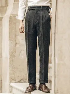 Mens Retro Tweed Herringbone Dress Pants Slacks Trousers Regular Fit Suit Pants for Men