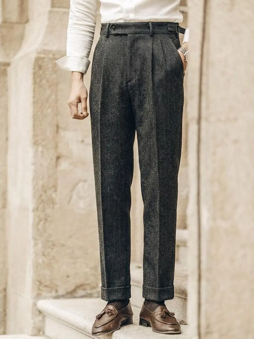 Men's Retro Tweed Herringbone Regular-Fit Dress Slacks - Menswear Formal Suit Bottoms for Men, Formal Wear, Workwear, Buttons, Holiday, Retro Vintage, Wool Blend