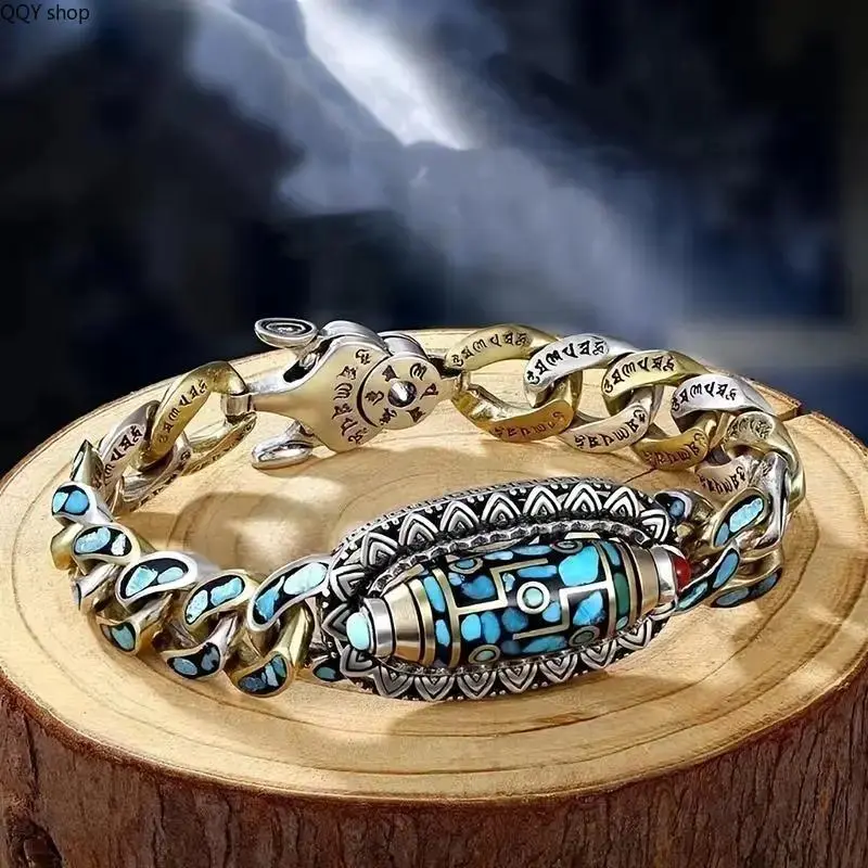 Tibetan Style Nine-Eyed Dzi Bead Bracelet, Six-Syllable Mantra Turquoise Beaded Anklet, Good Luck Meditation Amulet Jewelry, Spiritual Healing Charm Bracelet, Vintage Ethnic Ornament for Daily Wear & Spiritual Blessing