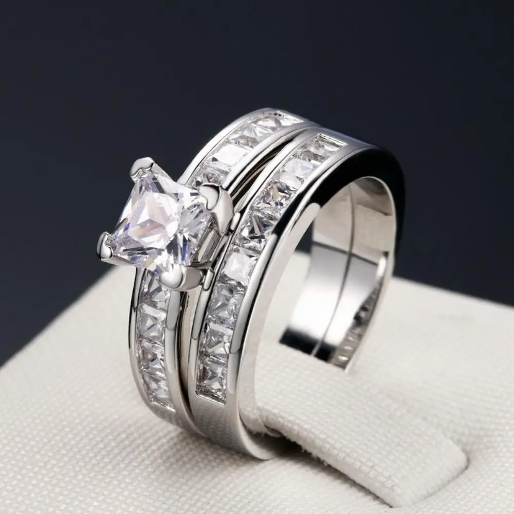 Bridal Princess Cut Wedding Ring Set for Women, 2-Piece Lab Created Rhinestone, Affordable Diamond Alternative for Promise & Engagement, Rings For Women, Ring Stack, Wedding Ring Sets