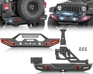 【EYOUHZ】Front and Rear Bumpers with Spare Tire Carrier Compatible with 2007-2018 Jeep Wrangler JK JKU with Winch Plate, LED Lights, Hitch Receiver, Paintable Armor, License Plate Frame & D-rings