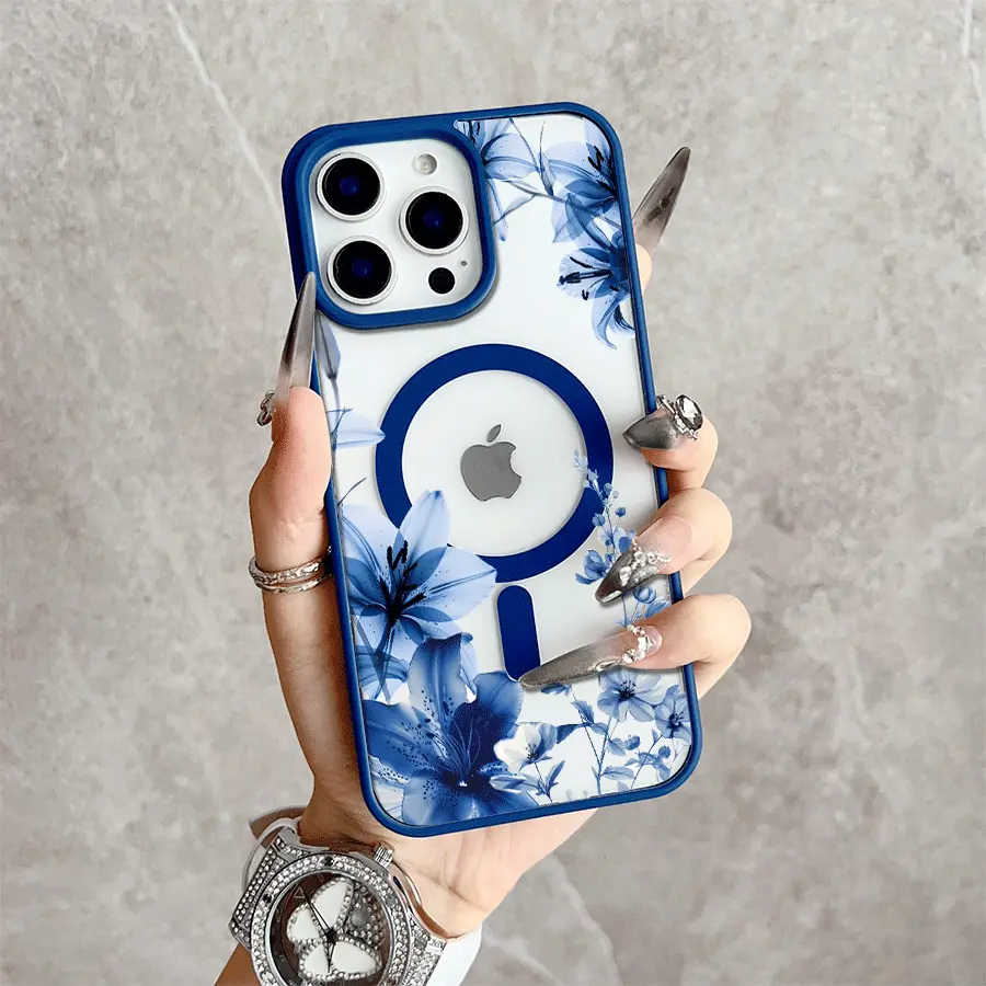 Blue lily Magnetic Snap Case for iPhone 17/16 Pro Max 15 Pro 14 13 12 Mini 11 XR XS Plus SE Shockproof Slim Protective Cover