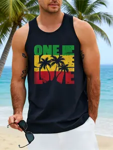Men's 100% Cotton Sleeveless Palm Tree Print Tank Top, Summer Casual Round Neck Tee, Geometric Pattern Outdoor Clothing