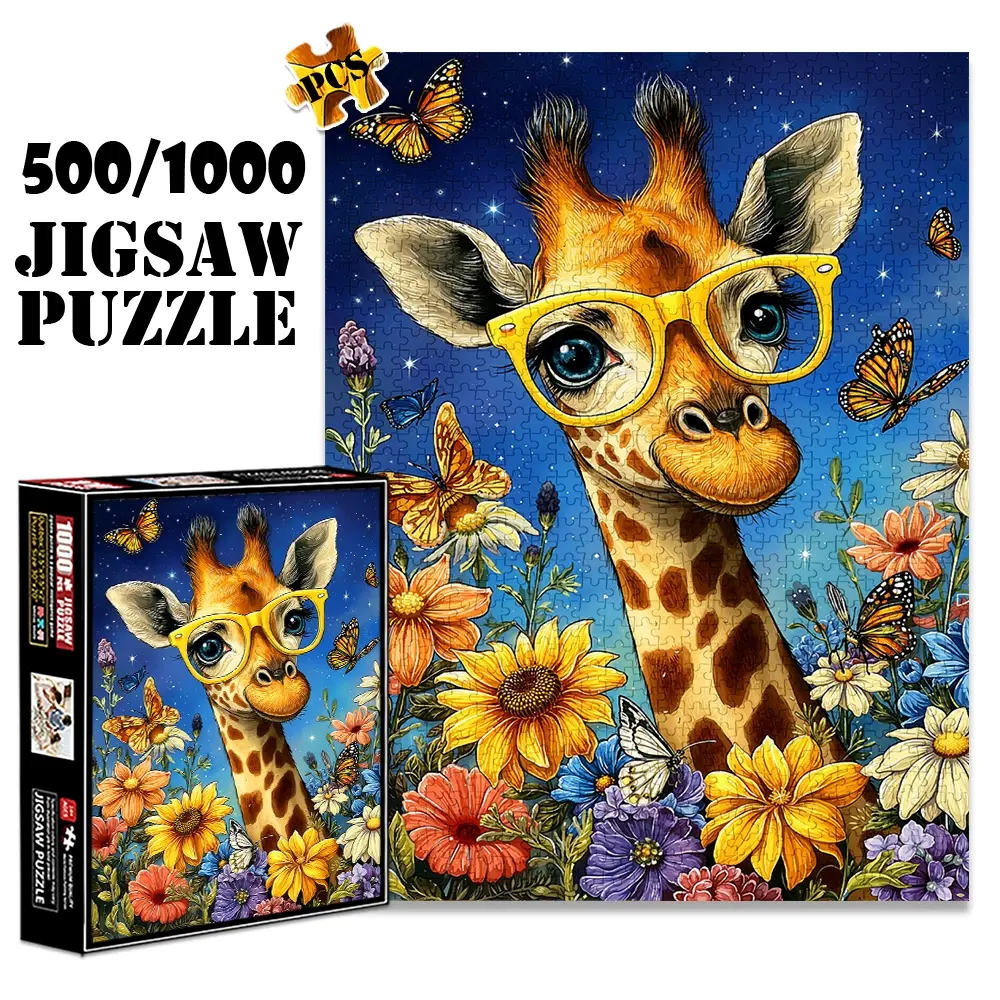 1pc 1000 piece adult puzzle 70x50cm Giraffe with Yellow Glasses Among Butterflies and Flowers 500 pieces of paper jigsaw puzzle, suitable for adults and families, large-scale DIY puzzle interactive, Animal Shape Puzzle