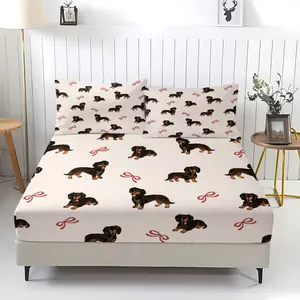 Sausage Dog And Bow Themed Three Piece Bed Sheet Set (Including 1 Bed Sheet And 2 Pillowcases), Cute Cartoon Bedding Set, Very Suitable For Bedroom Decoration For Young People And Girls, Bed Sheets Set