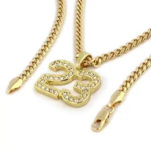 MaxBling81 Unisex Iced 23 Initial Pendant with Sparkling Zircon Inlay, 4mm Brass Chunky Cuban Chain (18in-20in-24in Multi-Size), Hip Hop Chain Jewelry Necklaces