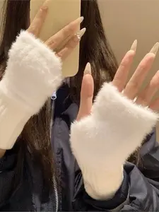 Unisex Y2K Style Fingerless Fluffy Knit Gloves, Fitted Design, Perfect for Streetwear, Parties, Fall & Winter Outdoors