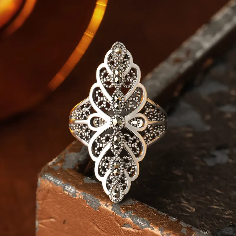 Women's 925 Stamped Silver Royalty Vintage Ring - Cubic Zirconia Inlay Hollow-Out Floral Design, Stackable Fine Jewelry, Engagement Ring Gift for Mother's Day, Vintage Rings, Ring Stack