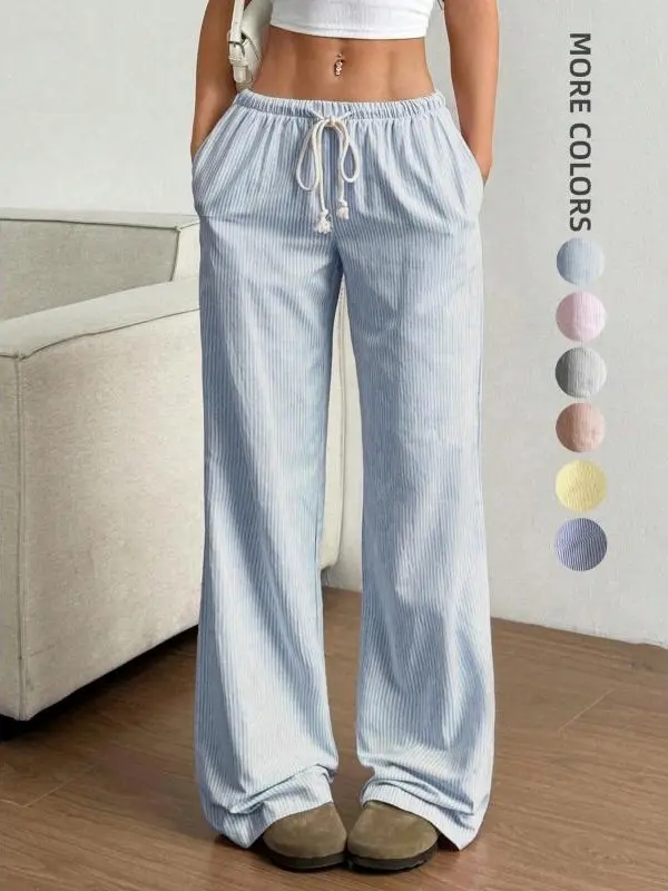 Women's Striped Woven Wide Leg Pants - Drawstring Waist, Minimalist, Loose Comfortable Fit, Sexy, Casual Basic Trousers, All Seasons Bottoms for Spring Summer Fashion Daily Wear, Baggy, Lady, Women's Fashion, Basic Chic, Clothes