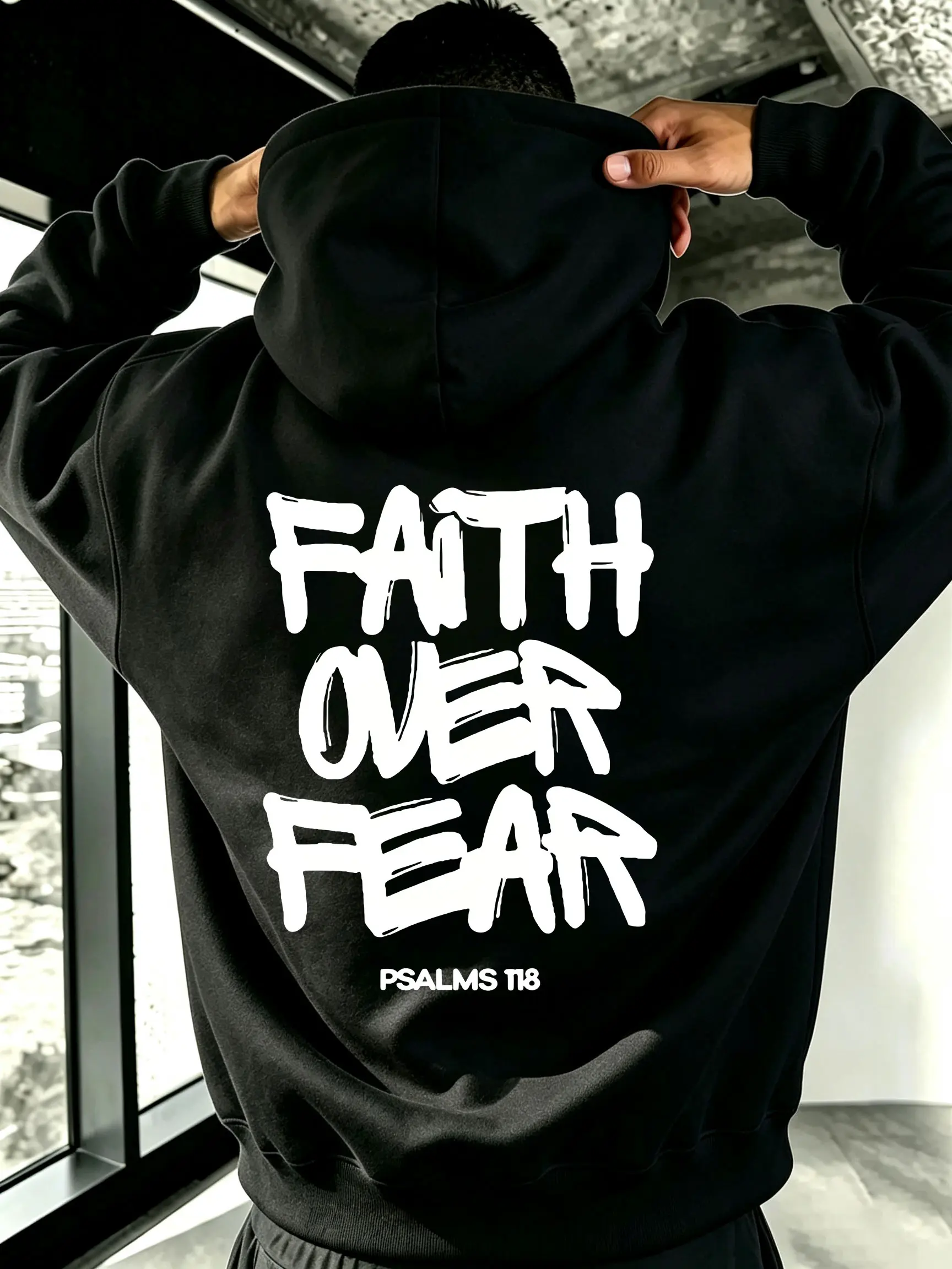 Faith Over Fear double-sided hoodie with bold brushstrokes and graffiti design, PSALMS118 vertical lettering, unisex oversized sweatshirt