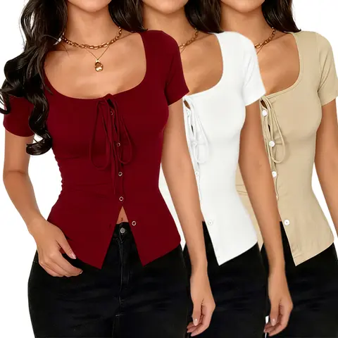 Women's 3-Pack Slim Plain Ribbed Knit Cropped Tops - Soft Breathable Fitted Short-Sleeve Blouses, Adjustable Tie-Front Straps, Ruched Detail, Slit Design, Button-Accent Everyday Tops for Jeans