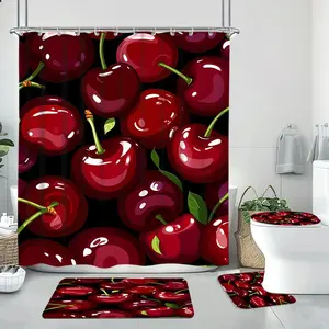 Cherry Pattern Bathroom Decor Set, 1 Set Including Shower Curtain & Toilet U-shape Mat & Bathroom Mat & Toilet Lid Cover, Bathroom Accessories, Home Goods