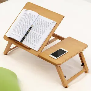 Multi-angle Tilting Bamboo Laptop Lap Desk with 4 Height Adjustable Levels Portable Foldable Bed Writing Tray Table Multifunctional Sofa Floor Breakfast Serving Table for Working Studying Eating Reading at Home