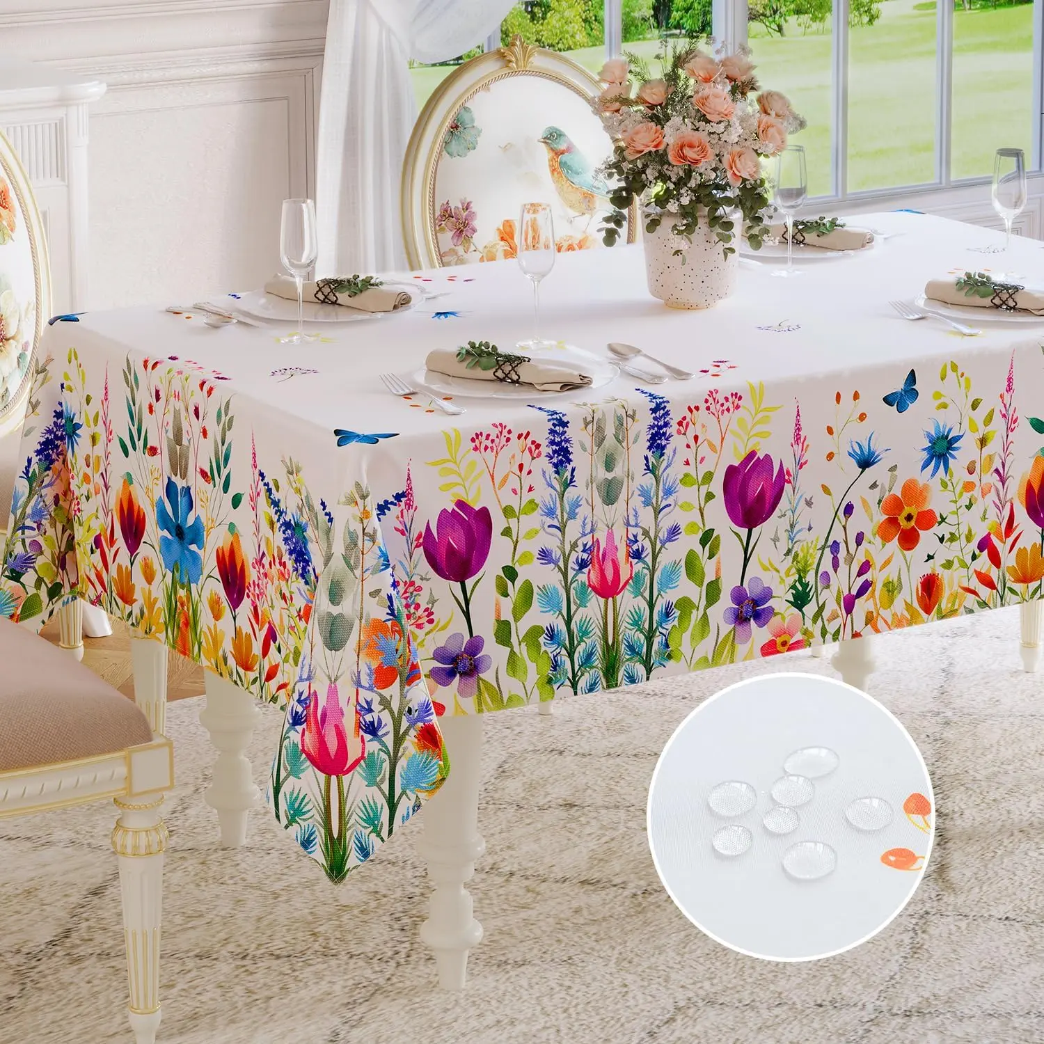 Spring Easter Tablecloth Rectangle - Waterproof Floral Pattern Decorative Table Cloths Stain Resistant Wrinkle Free Fabric Table Covers for Dinner/Party/Picnic/Indoor/Outdoor, 52 x 70 Inch
