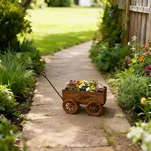Outdoor Rusted Metal Wheelbarrow Planter with Wheels, Decorative Wrought Iron Plant Stand, Garden Flower Pot Holder for Patio Backyard Farmhouse Decor, Rustic Flower Pot