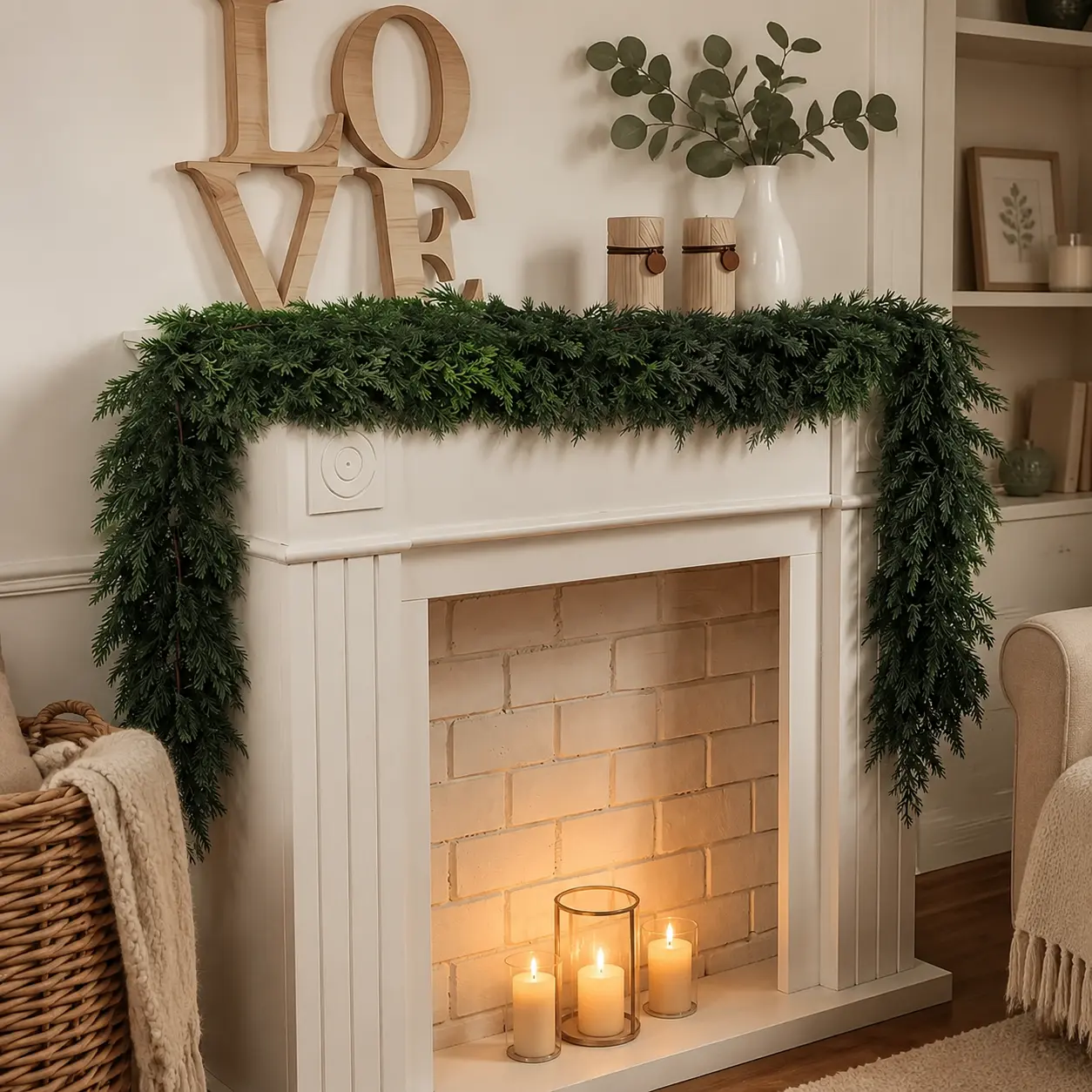 6 FT 2 Pcs Artificial Cedar Garlands， Realistic Full & Lush Shapeable Christmas Decor for Fireplace Mantel, Table & Home Decoration