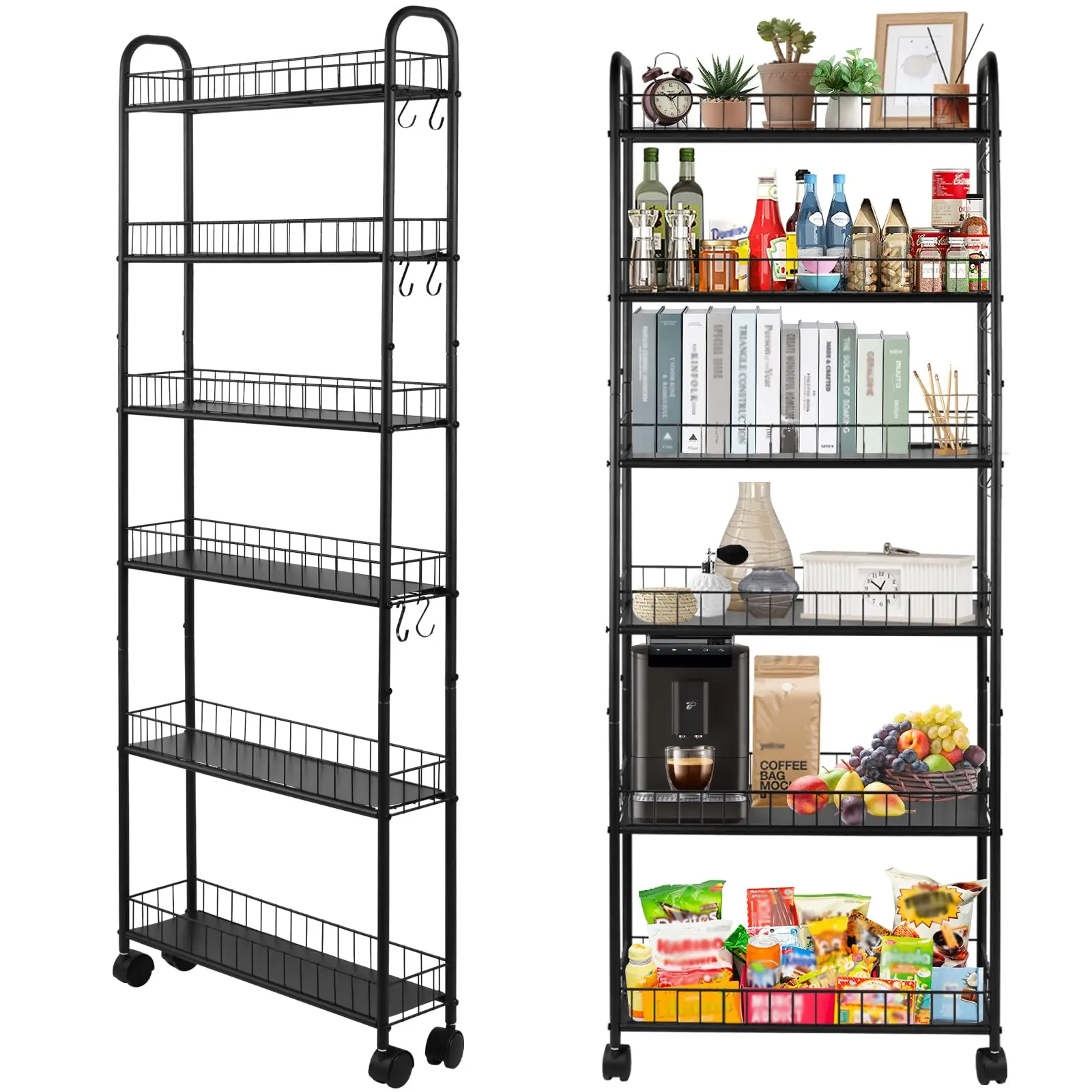 6-Tier 6-Inch Thin Rectangle Rolling Storage Cart with Locking Wheels, Slim Mobile Metal Coffee Bar & Beverage Storage Rack, Small Utility Cart for Kitchen, Pantry