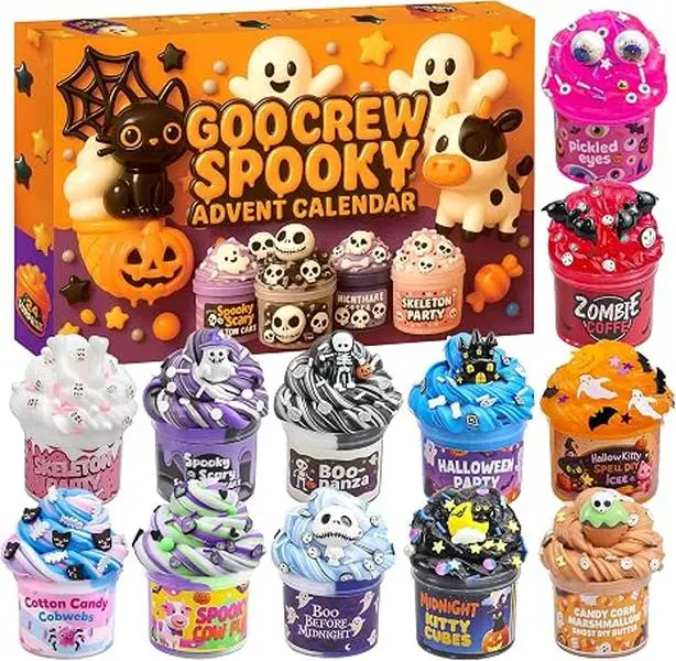 KYEVIS 2026  Halloween Countdown Advent Calendar Desktop Ornament | 24-Day DIY Slime Creative Gift Set—a multifunctional set that combines a desk calendar, stress-relief clay toy, and resin miniature model