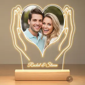 Custom Photo Heart Night Light with Hands for Wife Girlfriend Personalized Name Word Acrylic Night Lamp Hands Hold Love Romantic Couple Family Anniversary Gift for Her Wedding Keepsake