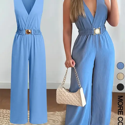 Women's Solid Ruched Belted Jumpsuit, Casual Sleeveless V-Neck Jumpsuit, Fashion Plain, Women's Clothes for Daily Wear, Sleeveless Jumpsuits