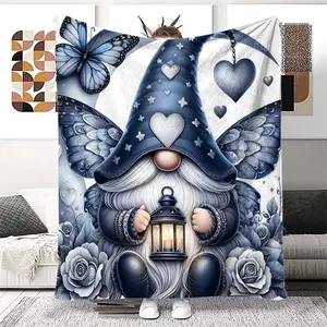 Gnome & Butterfly & Heart Pattern Blanket, 1 Count Soft Air-conditioned Room Throw, Soft Cozy Blanket, Warm Nap Blanket, Heartfelt Gift Blanket for Home Office Travel