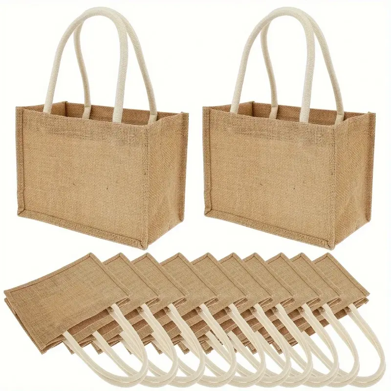 6/12 PCS Lightweight Customizable Small Burlap Jute Tote Bags with Soft Cotton Grip Handles, Reusable DIY Blank for Anniversary, Baby Shower Festive Party & Wedding Favor Gifts (Home Supplies)