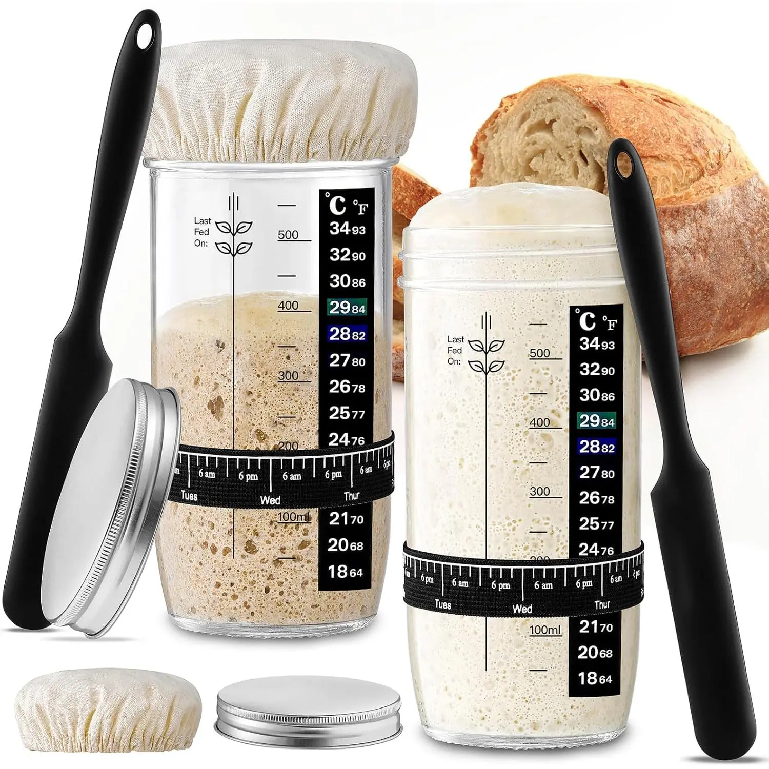 2-Pack 24 oz Wide Mouth Glass Sourdough Starter Jars - Durable Preserving Containers Kit with Date-Marked Band, Elastic Cloth Cover, Synthetic Metal Lid for Kitchen Storage, Bread Baking Supplies