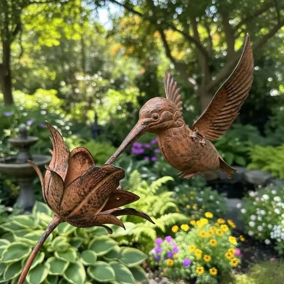 Metal Hummingbird Garden Stake Vintage Rust Copper Flower Yard Art Ornament | 58 Inch Outdoor Plant Support Decorative Kinetic Pathway Stake Weatherproof Lawn Patio Backyard Landscape Decor Creative Housewarming Mothers Day Gift for Gardeners Single Pack