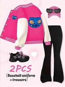 Anime Cartoon Print Baseball Jacket, Elastic Fabric Flare Pants Set, Girls Casual Sportswear, Kids Outdoor Indoor Activities Two-Piece, Sporty Style Clothes