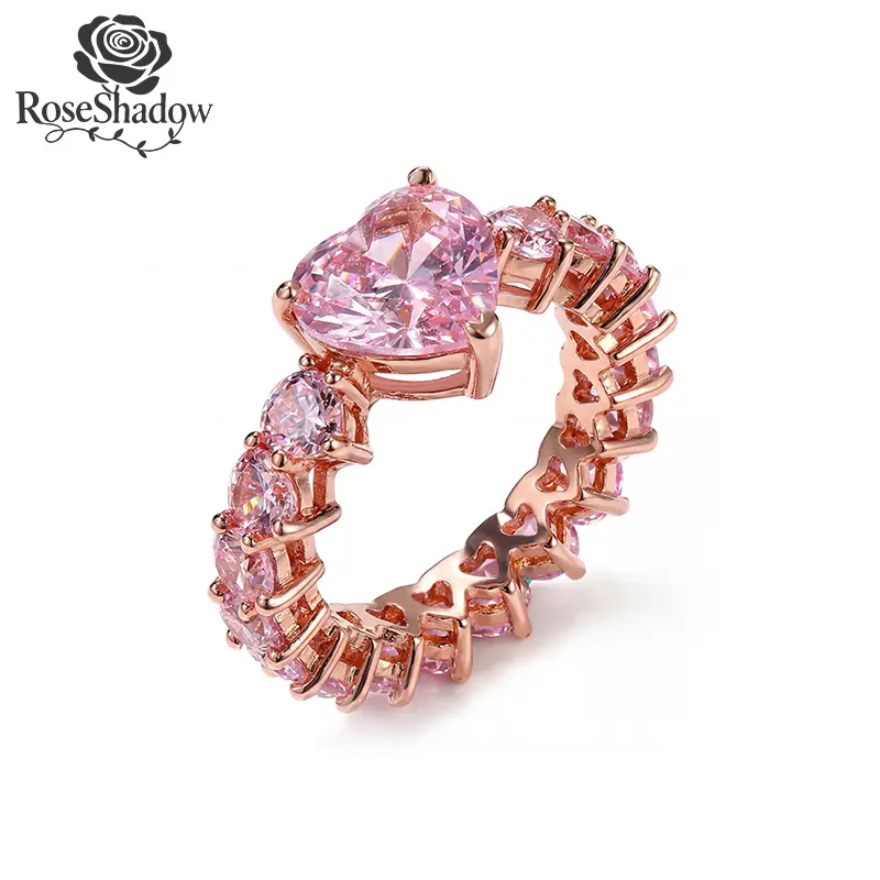 ROSESHADOW Iced Out Heart Cut Pink Love Ring Gift Jewelry for Women Anniversary Birthday Christmas Valentine's Day Beautiful Rings