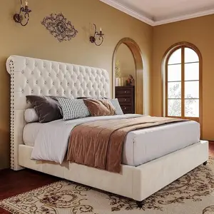 Queen/King Size 52.8'' Tall Sleigh Headboard Upholstered Platform Bed Frame, Button Tufted Design, Modern Frame Style, No Box Spring Needed, Easy Assembly, Cream