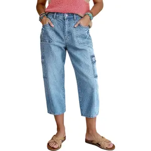 Flamingals Wash Flap Pocket High Waist Straight Leg Crop Jeans Womenswear Stretchy 22" Inseam