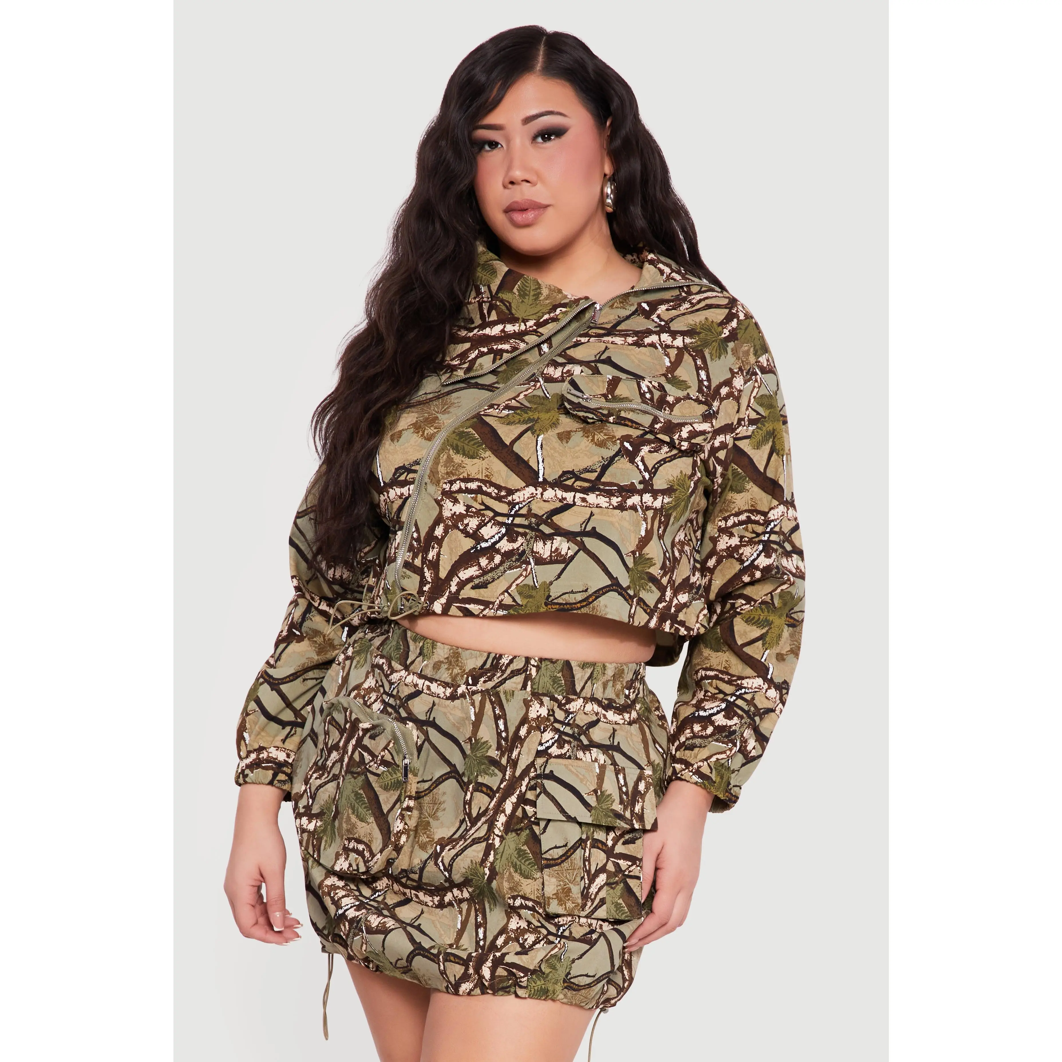 Plus Size Hunter Camo Zip Front Drawstring Hem Jacket