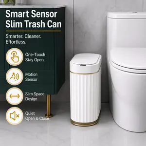 Slimline Automatic Motion Sensor Trash Can with White Gold Trim - Compact, Functional, Hands-Free - Bathroom Bin for Home, Office