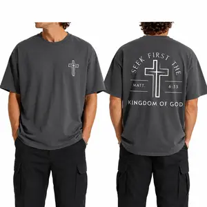 GLEC First Seek The Kingdom Of God, God Is Worthy Of Your Faith, Believe In Christianity, Classic Retro Fashion High Street Cross Popular Letter Pattern Printing Boutique 230g Washed Cotton T-Shirt, Men's Summer High-Quality Printed Cotton washed pure cot