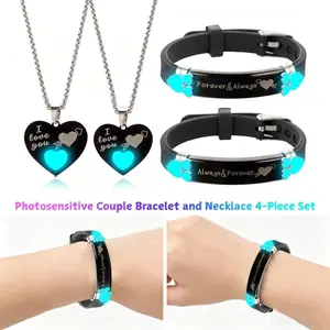 Glow-in-the-Dark Couple's 4-Piece Necklace and Bracelet Set,Sky Light Necklace in Stainless Steel - Heart Design, Blue Glow, Perfect for Couples, Fashionable Accessory daily wear party gift