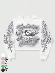 Premium Y2K Aesthetic Vintage Long Sleeve Graphic Tee - Retro Angel Airbrush Art Pullover with Gothic Cross Details - Oversized Streetwear Shirt for Music Festivals, Skateboard Style & Urban Daily Wear