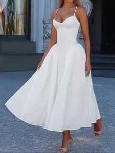 Pure Color Elegant Sleeveless Long Dress, Waist Cinched Design, Fitted Style, Plain Pattern, Perfect for Various Occasions