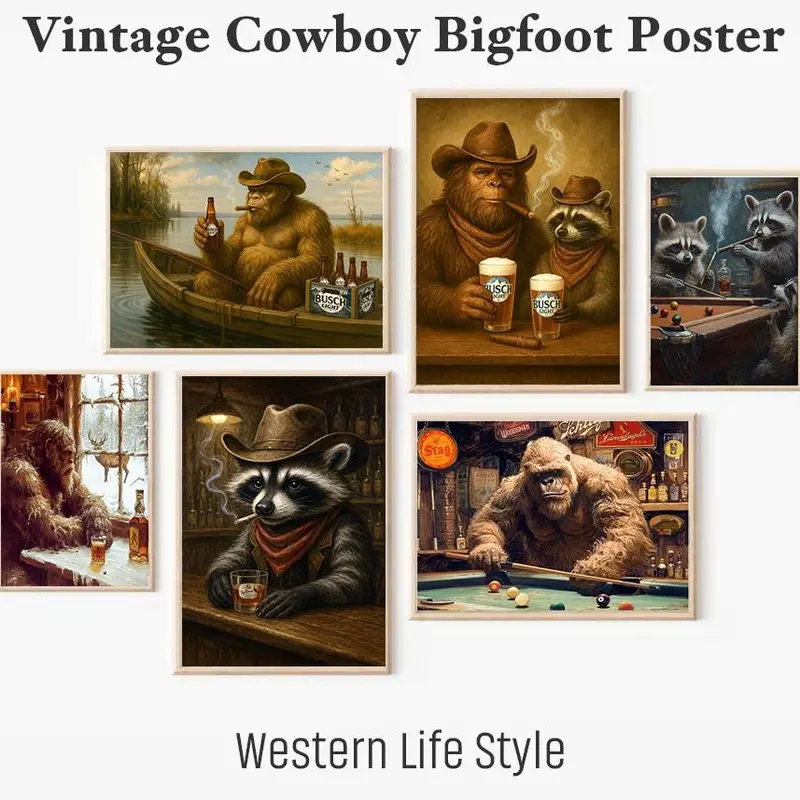 Vintage Sasquatch light one up & drink cold brew unframed poster, Funny Bigfoot Racoon print wall art, Cowboy Cabin Cave Bar Decor, Gift for Men Dad Hunters