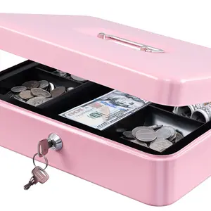 Metal Cash Box with Money Tray and Lock,Money Box with Cash Tray,Cash Drawer,11.81"x 9.45"x 3.54" Pink X Large