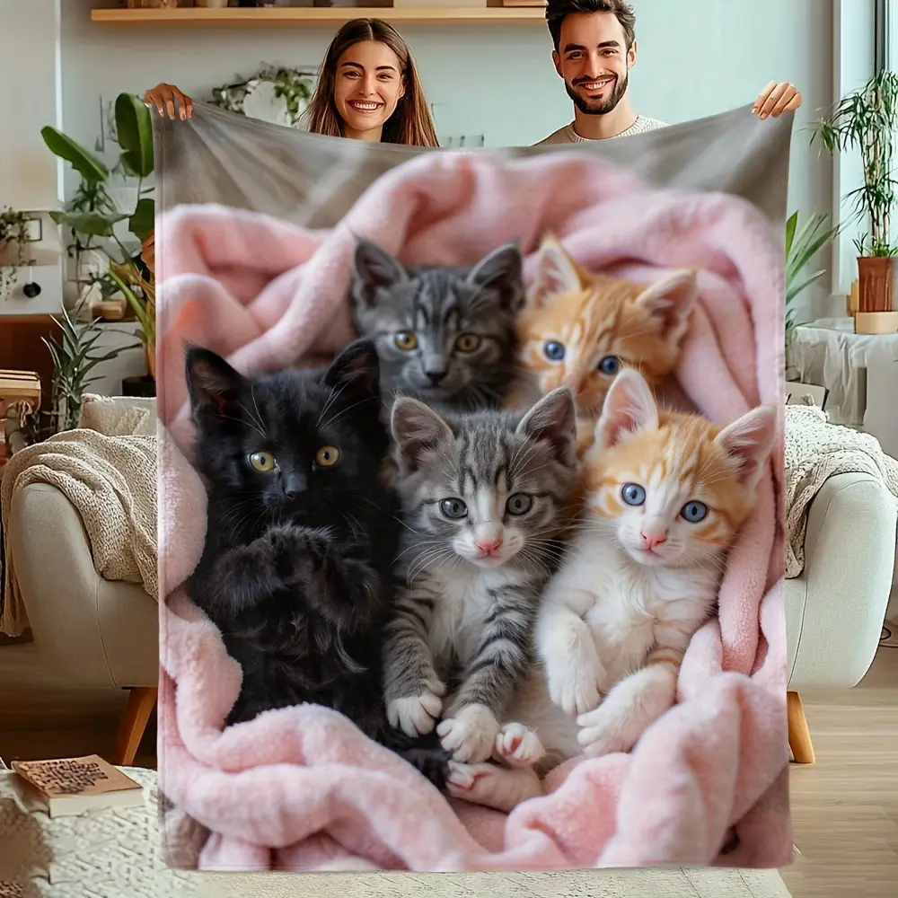 Soft flannel cat print blanket - Comfortable fantasy theme, 6 cute cat patterns, mixed color design, all season indoor and outdoor home use, camping travel special, cat fun patterns