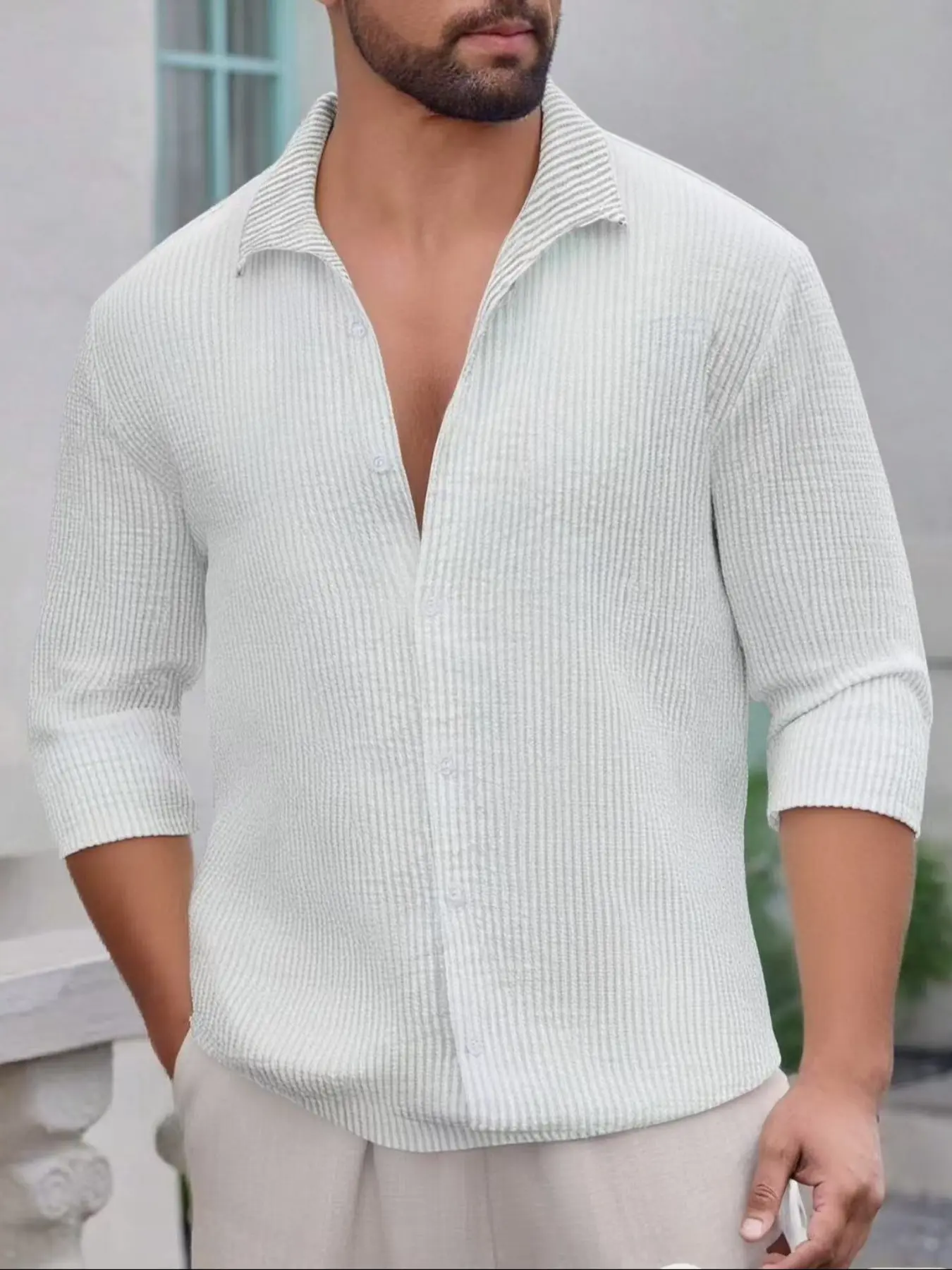 Men's knitted stripe button front placket collar shirt, classic leisure regular version long sleeve cardigan, back to school season clothing, men's shirt fashionable streetwear men's summer daily clothing, men's shirt.