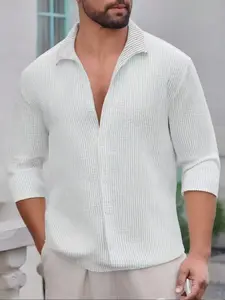 Men's knitted stripe button front placket collar shirt, classic leisure regular version long sleeve cardigan, back to school season clothing, men's shirt fashionable streetwear men's summer daily clothing, men's Casual shirt.