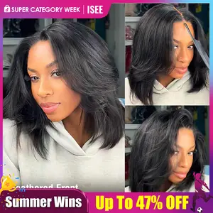 ISEE HAIR Wear Go 9x6 Tpart Layered Cut Bob Yaki Straight Wig With Drawstring 180% & 250% Natural Black & Reddish Brown Deep Part Pre-Cut Lace Front Wig & Pre-Bleached & Pre-plucked Hairline Glueless Human Hair Wig Vacation Hair #summerwins